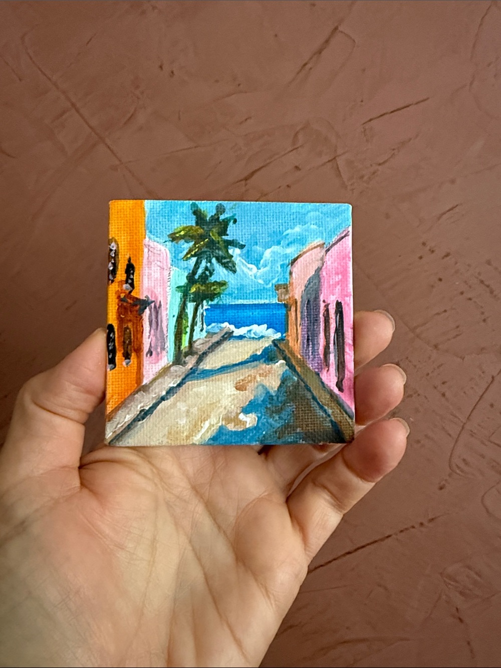 Hand-Painted Mini Beach Street Canvas - Pink & Orange